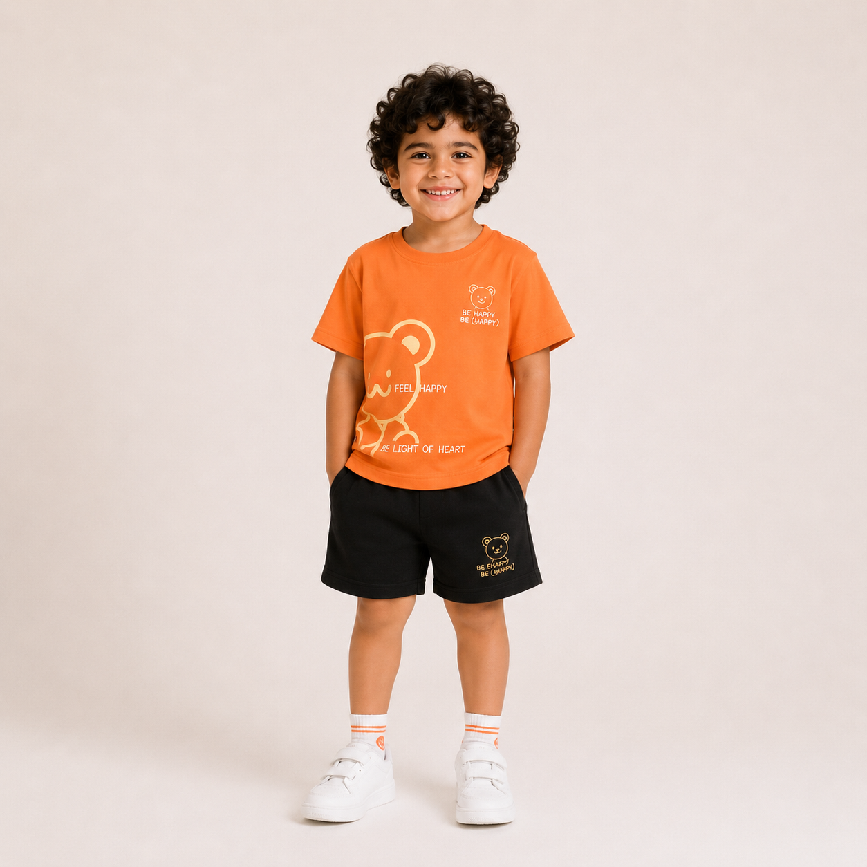 Laurent Kids' "Be Happy" Bear Graphic T-Shirt & Shorts Set
