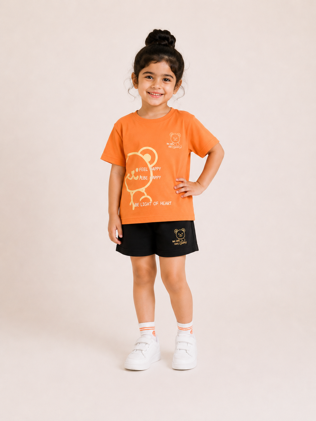 Laurent Kids' "Be Happy" Bear Graphic T-Shirt & Shorts Set